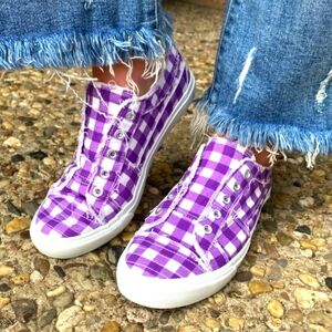 BRAND NEW. NEVER OUT OF THE BOX ..Corky Babalu Purple plaid. Size 9